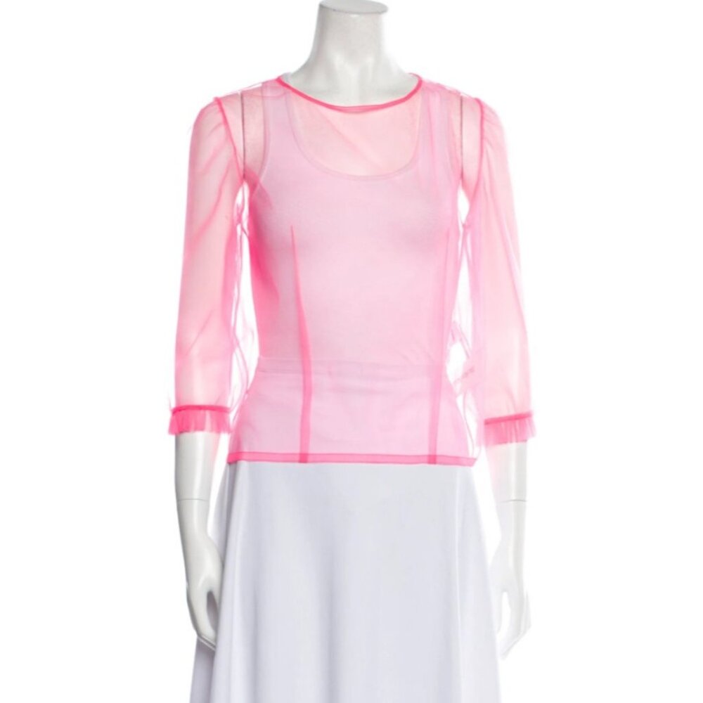 Paskal Bateau Neckline Three Quarter Sleeve Blouse Ruffle Trim Organza Small